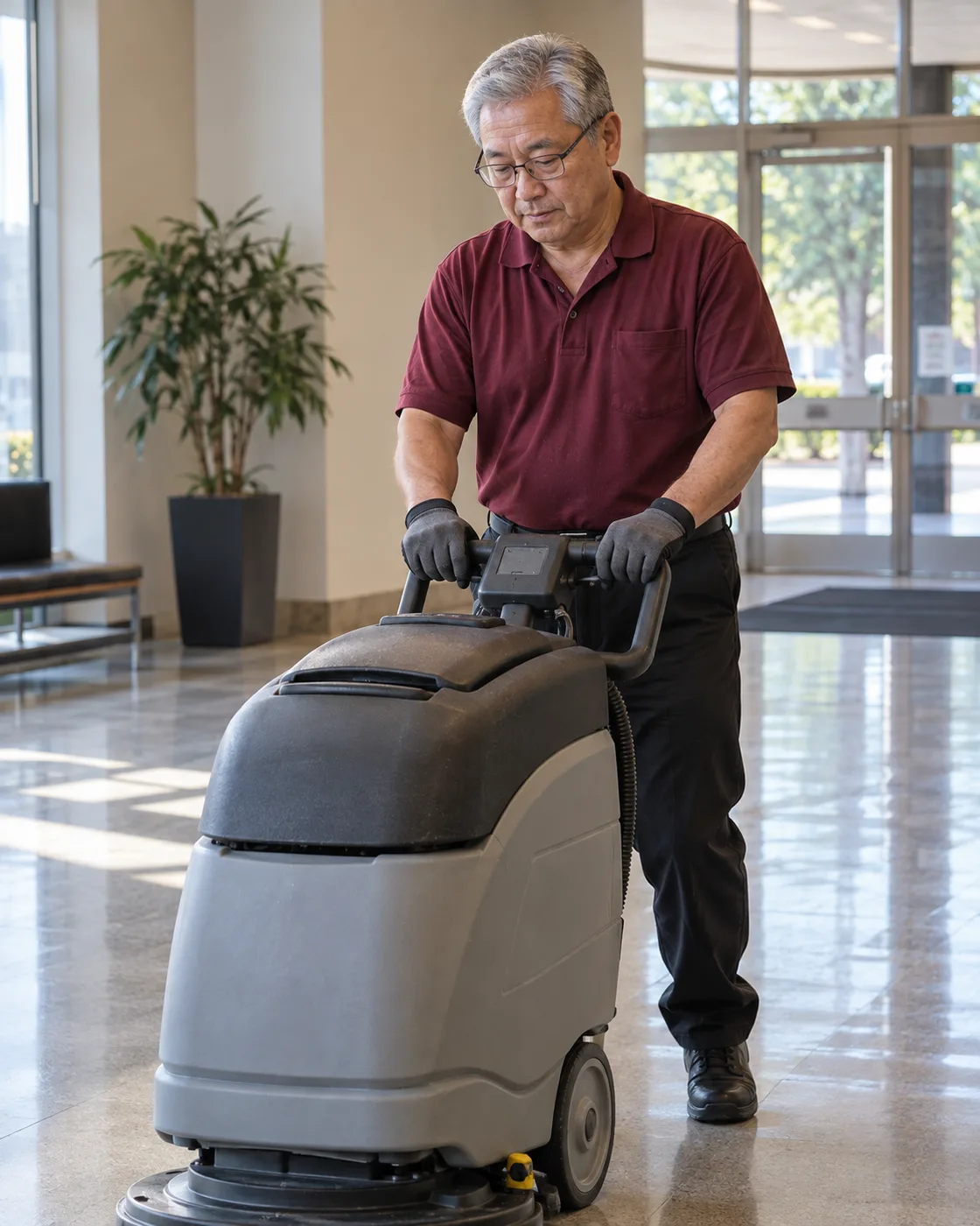 Illustrative working-day scene for a commercial cleaning business