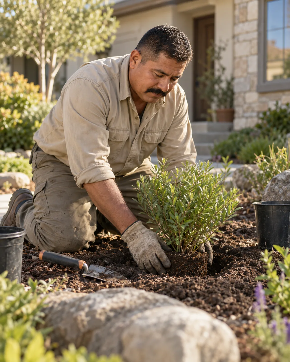 Illustrative working-day scene for a landscaping business