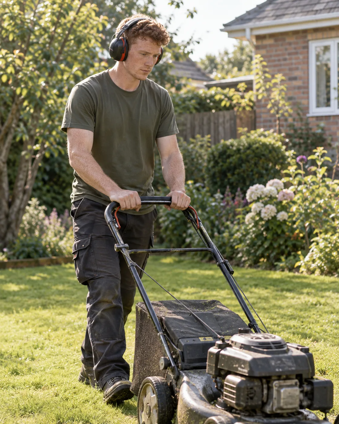 Illustrative working-day scene for a lawn care business