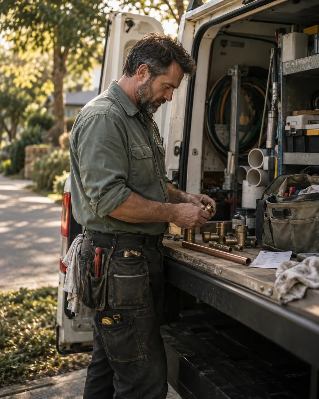 Illustration of a plumber sorting fittings at the back of a work van