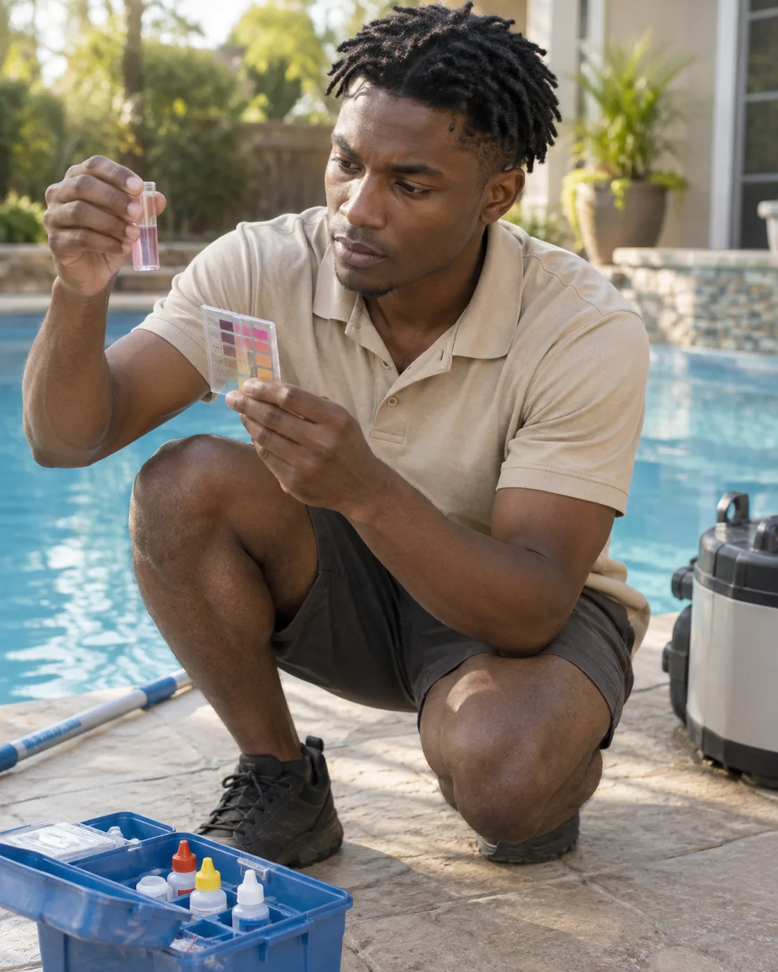 Illustrative working-day scene for a pool service business