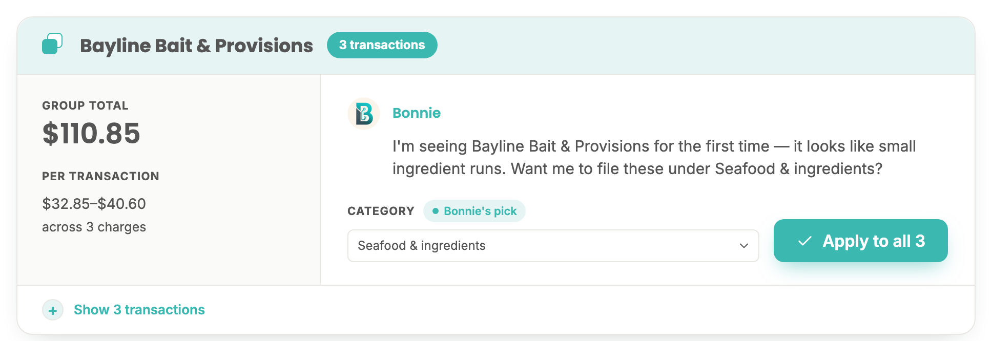 Bonnie's review card for a vendor called Bayline Bait & Provisions: three charges totaling $110.85, Bonnie asking whether to file them under Seafood & ingredients, with an Apply to all 3 button